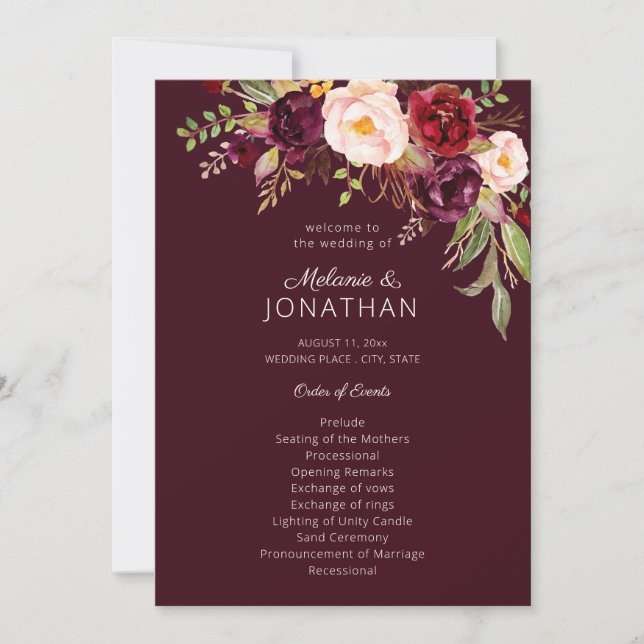 Burgundy Marsala Floral Wedding Program V2 Invitation (Front)