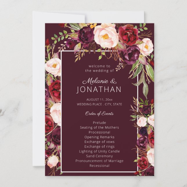 Burgundy Marsala Floral Wedding Program V3 Invitation (Front)