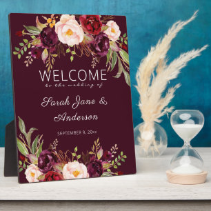 Burgundy Marsala Floral Welcome Sign - Burgundy Plaque
