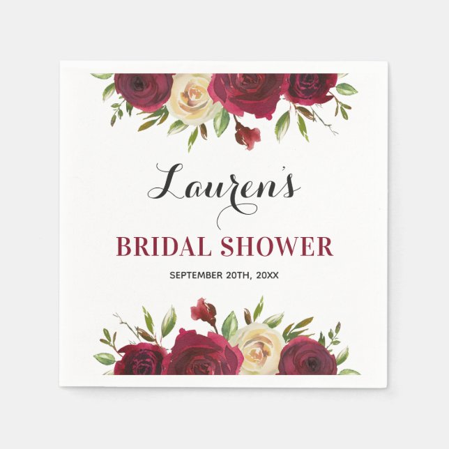 Burgundy Marsala Floral Winter Bridal Shower Paper Napkin (Front)