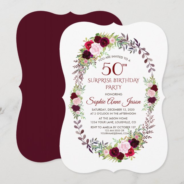 Burgundy Marsala Floral Wreath 50th Birthday Invitation (Front/Back)