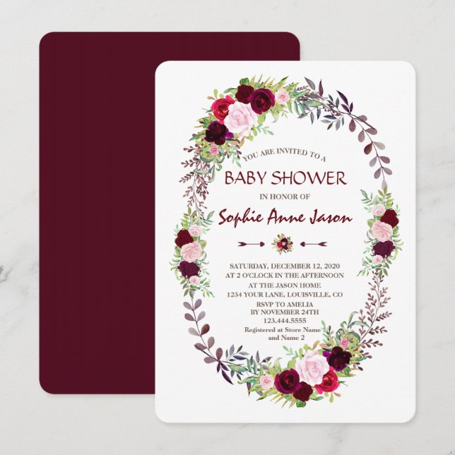 Burgundy Marsala Floral Wreath Baby Shower Invitation (Front/Back)
