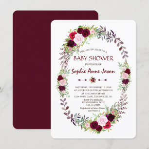 Burgundy Marsala Floral Wreath Baby Shower Invitation