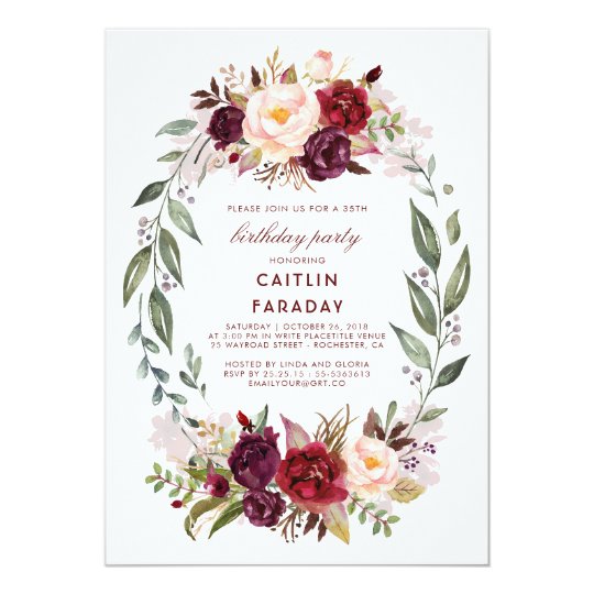 Burgundy - Marsala Floral Wreath Birthday Party Card