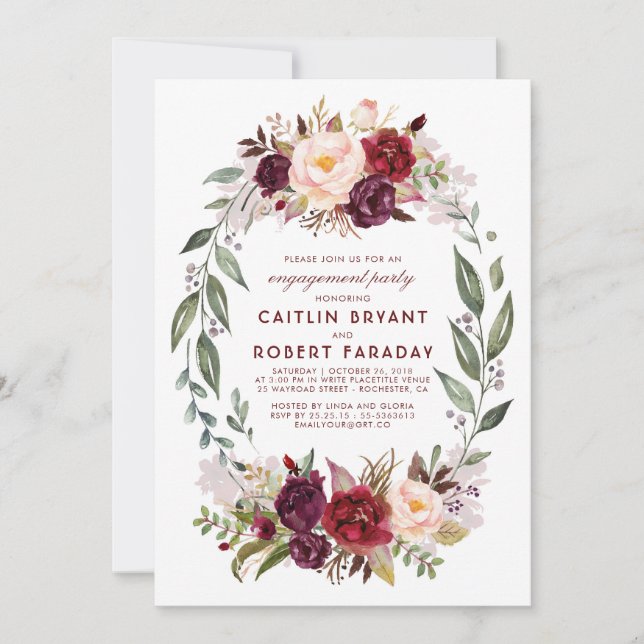 Burgundy - Marsala Floral Wreath Engagement Party Invitation (Front)