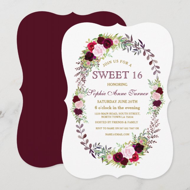 Burgundy Marsala Floral Wreath Sweet 16 Invite (Front/Back)