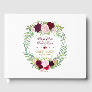 Burgundy Marsala Floral Wreath Wedding Guest Book