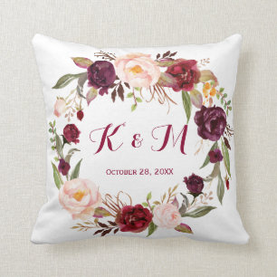 Burgundy Marsala Floral Wreath Wedding Monogram Cushion