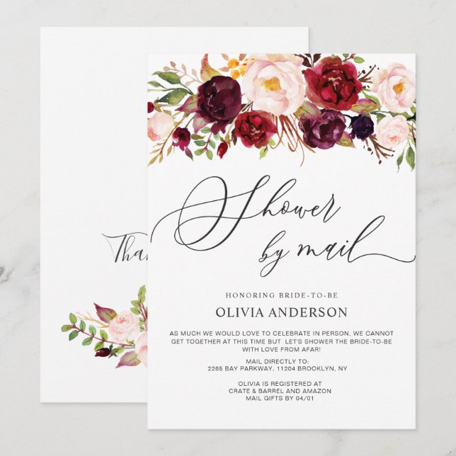 Burgundy Marsala Flowers Bridal Shower by Mail Invitation (Front/Back)