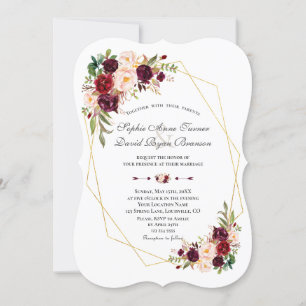 Burgundy Marsala Flowers Gold Frame Wedding Invitation