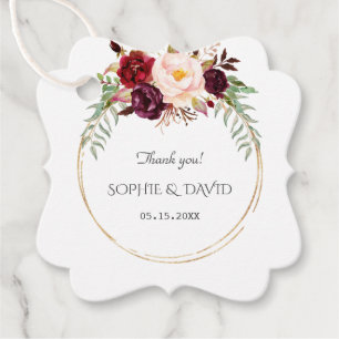 Burgundy Marsala Flowers Gold Wedding Favour Tags