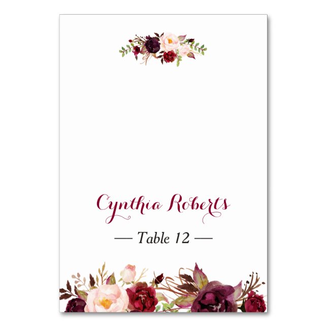 Burgundy Marsala Flowers Wedding Place Card (Front)