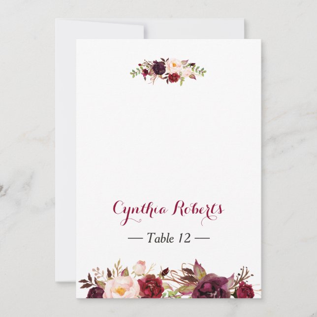 Burgundy Marsala Flowers Wedding Place Escort Card (Front)