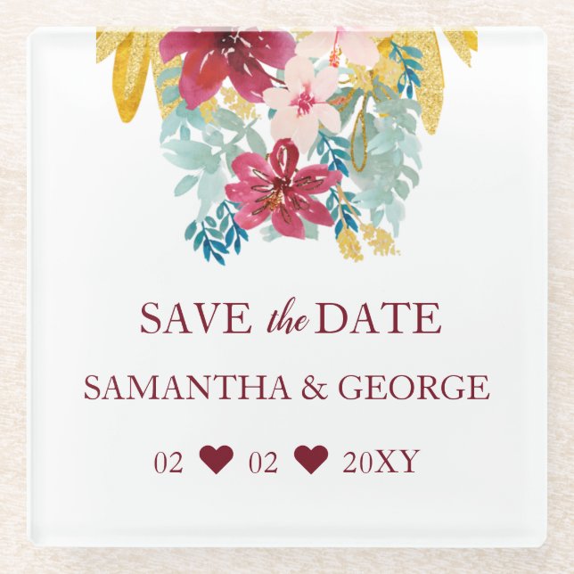 Burgundy Marsala Gold Floral Botanical Wedding Glass Coaster (Front)