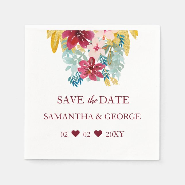 Burgundy Marsala Gold Floral Botanical Wedding Napkin (Front)