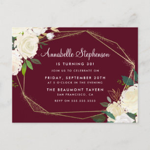 Burgundy Marsala Gold Geometric Birthday Party Invitation Postcard