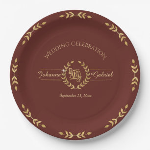 Burgundy Marsala Gold Leaf Greenery Wreath Wedding Paper Plate