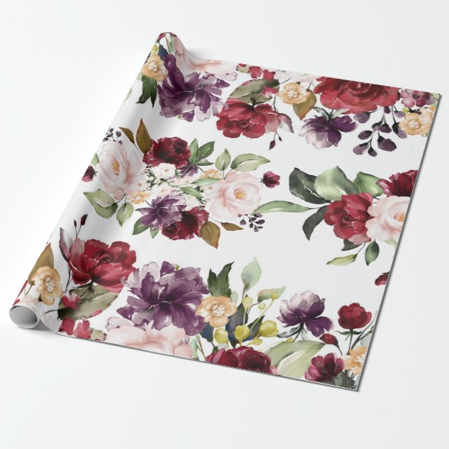 Burgundy Marsala Merlot Floral Watercolor Wedding Wrapping Paper (Unrolled)
