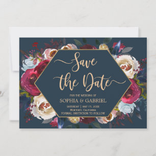 Burgundy Marsala Navy Floral   Save the Date card