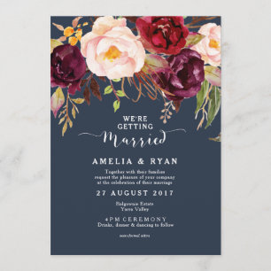 Burgundy Marsala Navy Floral Wedding Invitation