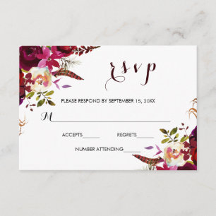 Burgundy Marsala Navy Floral Wedding RSVP Card