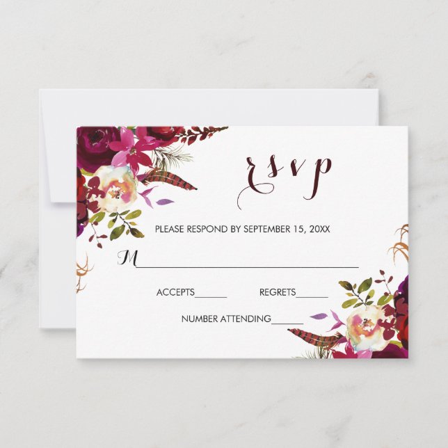 Burgundy Marsala Navy Floral Wedding RSVP Card (Front)