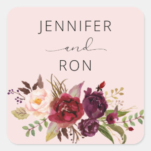 Burgundy Marsala & Pink Floral Name - Pink Square Sticker