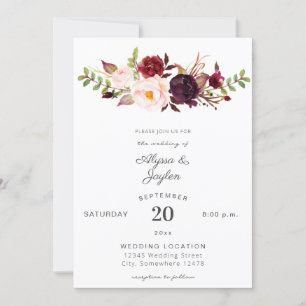 Burgundy Marsala Pink Floral Wedding 2 White Invitation