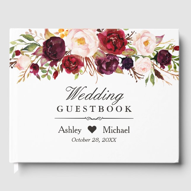 Burgundy Marsala Red Autumn Floral Wedding Guest Book (Front)