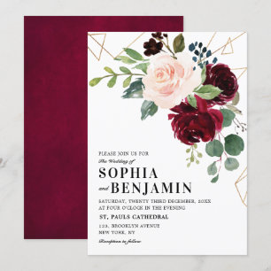 Burgundy Marsala Red Blush Rose Geometric Floral Invitation