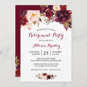 Burgundy Marsala Red Floral Retirement Party Invitation