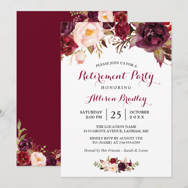 Burgundy Marsala Red Floral Retirement Party Invitation (Front/Back)