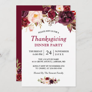 Burgundy Marsala Red Floral Thanksgiving Party Invitation