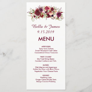 Burgundy Marsala Red Floral Wedding Menu