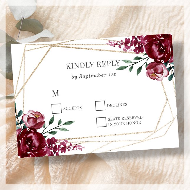 Burgundy | Marsala Red Floral Wedding RSVP Card (Creator Uploaded)