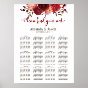 Burgundy Marsala Red Floral Wedding seating chart