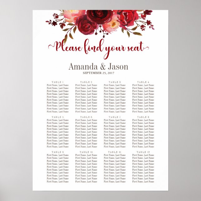 Burgundy Marsala Red Floral Wedding seating chart (Front)