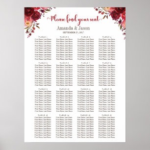 Burgundy Marsala Red Floral Wedding seating chart