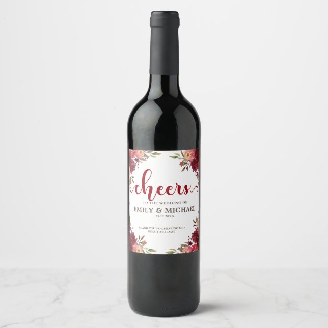 Burgundy Marsala Red Floral Wedding wine label (Front)