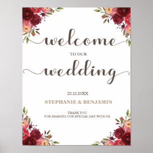 Burgundy Marsala Red Floral Welcome Wedding sign