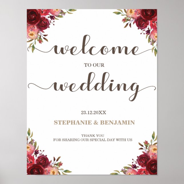Burgundy Marsala Red Floral Welcome Wedding sign (Front)