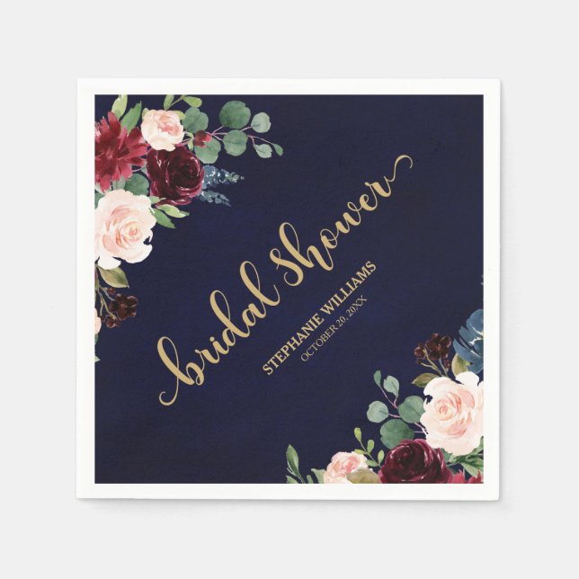 Burgundy Marsala Red Navy Floral Bridal Shower Napkin (Front)