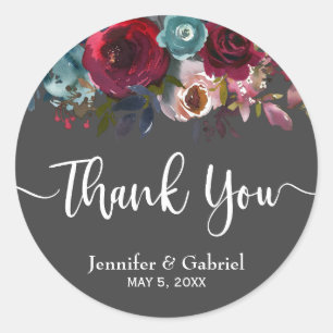 Burgundy Marsala Red Navy Floral Wedding Thank You Classic Round Sticker
