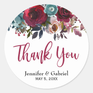 Burgundy Marsala Red Navy Floral Wedding Thank You Classic Round Sticker