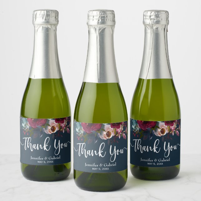 Burgundy Marsala Red Navy Floral Wedding Thank You Sparkling Wine Label (Bottles)