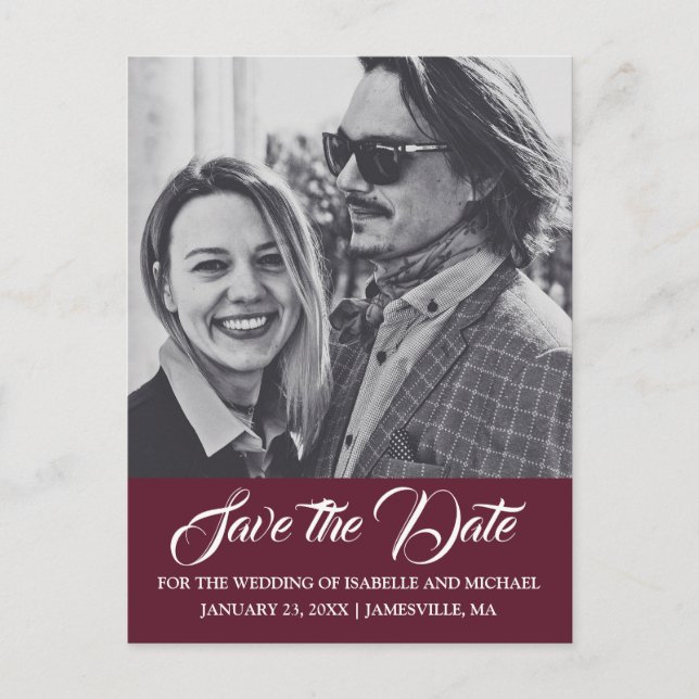 Burgundy Marsala Red Photo Save the Date Postcard (Front)