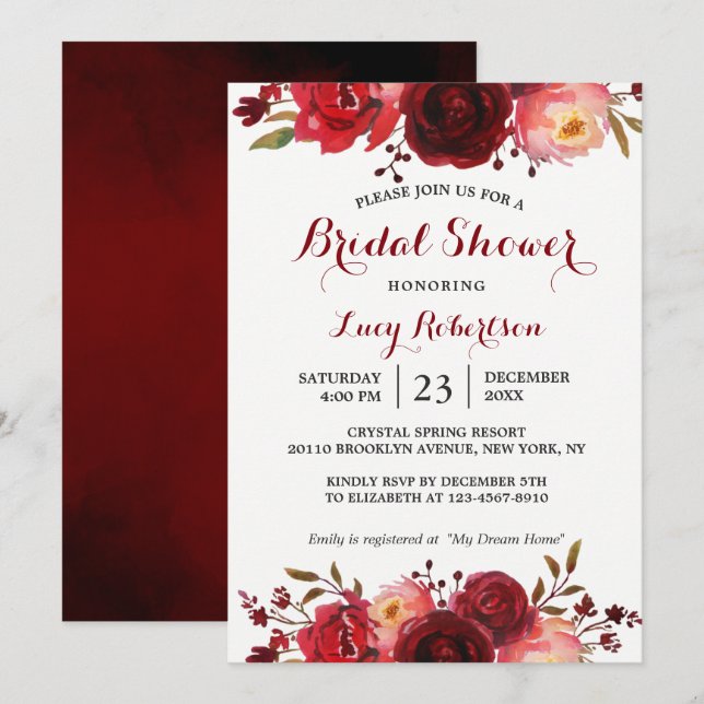 Burgundy Marsala Red Roses Floral Bridal Shower Invitation (Front/Back)