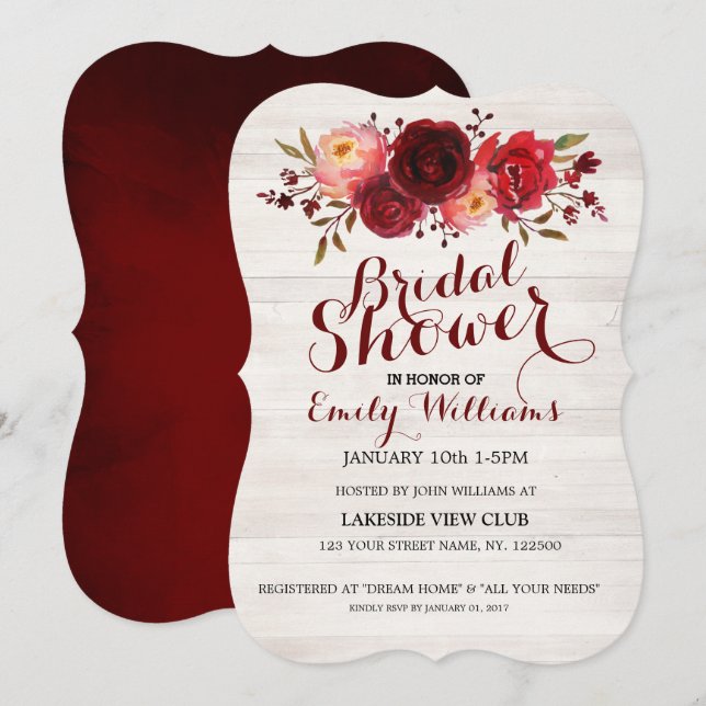 Burgundy Marsala Red Roses Floral Bridal Shower Invitation (Front/Back)