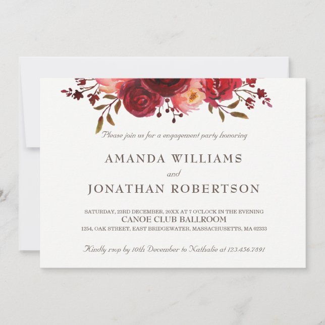Burgundy Marsala Red Roses Floral Engagement Party Invitation (Front)