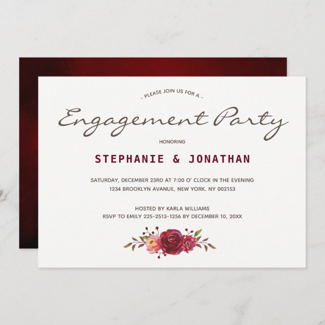 Burgundy Marsala Red Roses Floral Engagement party Invitation (Front/Back)